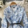 Premium Long Sleeve Dress Spring chic printed blue and white porcelain French style medium length waistband westernized A-line skirt