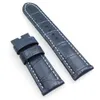 24 mm - 22 mm Dark Blue Crocodile Grain Calf Leather Band White Stitch Strap Fit For PAM PAM111 Watch