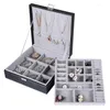 Jewelry Pouches Blue Black Large Size Multi-function PU Leather Box Brief Style Earrings Ring Necklace Lipstick Storage