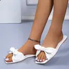 Slippers Women Fashion Slippers Square Toe Butterfly Knot Plus Size Female Slides Flat Shoes Casual PU Solid Concise Lady Summer Footwear Z0317