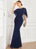 Party Dresses Elegant Evening Fishtail Ruffles Sleeves O-Neck Floor-Length 2023 Ever Pretty Of Lace Navy Blue Bridesmaid