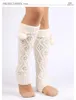 Women Socks Knitted Rhombus Pattern Footless Knee High Boot With Fur Ball