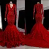 2023 Burgundy Lace Sequin Mermaid Prom Dresses Black Girls V Neck Long Sleeves Sweep Train Formal Evening Gowns Real Image BC15403 E0318