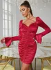 Casual Dresses Sexy Women Halter V Neck Bodycon Satin Mini Elegant Fashion Long Flare Sleeve Ruched Celebrity Evening Red Party Dress