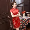 Etniska kläder 2023 Röda kinesiska kvinnor traditionell klänning Silk Satin Cheongsam Mini Sexig Qipao Flower Wedding Vintage Party