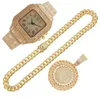 Нарученные часы 2pcs iced out watch Ожерелья для мужчин Bling Cubana Link Chains Подвесной золотые ювелирные украшения