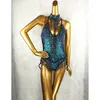 Scenkläder sexiga kvinnor pärlor bodysuit paljett baddräkt latin magdansdräkt dansare i ett stycke outfit prestanda blå