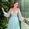 Ice Blue a Line Вечерние платья боковые сплит -богемные выпускные платья 2023 г. Смотрите через длинное рукав с кружевными аппликациями Гала Вестдос
