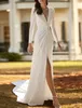 Sexy Boho Wedding Dress 2023 Long Sleeve V-neck One Shoulder Buttons Split Soft Satin Bridal Party Gowns Robe De Mariage Women Custom Made