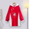 Ethnic Clothing 2023 Winter Improved Version Of The Sweatshirt Dress Plus Velvet Thick Mid-length Chinese Style Red Hooded Stitching Hanfu