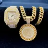 Montres-bracelets 2pcs Iced Out Watch Colliers pour hommes Bling Cubana Link Chaînes Pendentif Or Diamant Bijoux Ensemble Montres