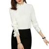 Women's Blouses White Silk Shirt Female Long Sleeve Stand Collar Half High Pullover Bottomed Mulberry OL Tops