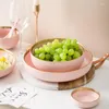 Bowls Pink Ceramic Matte Breakfast Plate Household Bowl And Set With Golden Rim Nordic Western Restaurant High-end Tableware