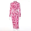 Robes décontractées Imprimé Bodycon Rose Crayon Midi Robe Streetwear Femmes Automne Hiver Manches Longues 2023 Automne Gros Lots Vêtements En Vrac