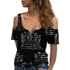 Dames t shirts vrouwen sexy off schouderbrieven bedrukt diep v-hals tops holle korte mouw tees vrouwelijke casual losse top met rits