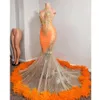 Black Girls Orange Mermaid Prom Dresses 2023 Satin Beading Sequined High Neck Feathers Luxury Kirt Evening Party Formella klänningar för 1746565