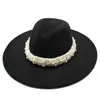 Chapéus de aba larga 9,5cm Big Unissex Solid Color Soletom Pérola lateral de lã Felta jazz fedora elegante homem mulher panamá trilby tampa atacado