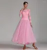 Bühnenkleidung Standard Ballsaal Tanzkleider Erwachsene Elegante rosa Spitze Walzer Wettbewerb Tanzrock Damen Tangokleid