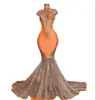 Black Girls Orange Mermaid Prom Dresses 2023 Satin Beading Sequined High Neck Feathers Luxury Kirt Evening Party Formella klänningar för 1746565