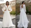 Deep V Neck A Line Wedding Dresses For Women Long Sleeves Simple Chiffon Summer Beach Plus Size Maternity Bridal Gowns Sexy Backless Long Boho Robes de Mariee CL2026