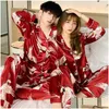 2016 Hemkläder Summer Silk Satin Pyjamas Set Woman Printed Long Sleeve Sleepwear Pijamas Suit Female Sleep Two Piece Loungewear Plus DH3LZ