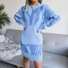 Casual Dresses Kalevest Y2K Streetwear Women Rave Outfits Knitted Short Blue Bodycon Dress Long Sleeve 2023