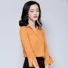 Kvinnor BLOUSES SPRING SOMMER Fashion Office Lady Women V Neck Flare Sleeve Chiffon Blue Elegant Woman Female Slim Orange Cardigan