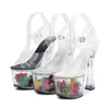 Slippers 18cm Crystal Super High Heels Thick Heel Transparent Buckle Flower Sandals Nightclub Sexy Stage Shoes Summe PTQS