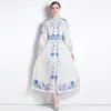 Casual Dresses Trendy Court Style Simple Pure White Color with Glam Blue Rose Printed Women Temperament Single Breasted Spring Vestidos