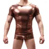 T-shirts pour hommes en cuir PU hommes Latex Look humide scène spectacle danse Clubwear T-shirts décontracté à manches courtes hauts serrés T-shirts Streetwear