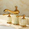 Bathroom Sink Faucets Basin Faucet Gold Brass Jade 3 Hole Widespread Mixer Double Handle And Cold Water Tap Arrival