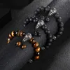 Strand Beaded Strands Lava Tiger Eye Obsidian Bead Bracelet Men Stainless Steel Buddhism Mantras OM MANI PADME HUM Lotus Charm Jewellry