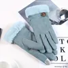 Cinq doigts gants femmes écran tactile daim gant hiver double couche fourrure mitaines chaud flocon de neige broderie extérieur à la mode gants1