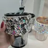 Verres à vin 450 ml rétro verre paille tasse avec couvercle maison incrusté cristal strass gobelet café Portable Kawaii fond plat lait Carton