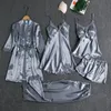 Kvinnor Sleepwear Kvinna 5st Pyjamas Set Satin Pyjamamas Lace Patchwork Bridal Weddal Nightwear Rayon Home Wear Nighty Robe Suit 230317