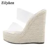 Sandals Summer Pvc Transparent Peep Toe Cane Straw Weave Slippers Platform Wedges Sandals Women Fashion High Heels Female Shoes 230316