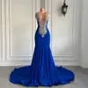 Elegant V-neck Prom Dresses 2023 Sexy Mermaid Style Luxury Sparkly Diamond Beads Royal Blue Spandex Black Girl Evening Gala Gowns Robe De Soiree