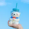 Bottiglie d'acqua da 550 ml Bottiglia per bere orso divertente Cartone animato Simpatico vetro trasparente con tazza di latte in paglia Regalo di compleanno per ragazze