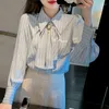 Kvinnors blusar Autumn Blue Striped Shirt For Women Bow Tie Collar Bloggar Långärmad blusa Office Ladies All-Match Tops Femme