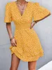 Casual jurken groene mini jurk dames zomer vlinder mouw sexy v nek dames boho polka dot a-line strand zonsondergang vestidos