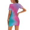 Casual Kleider Damen Einfache Tie Dye Sexy Kleid Sommer Kurzarm Rundhals Mini Skinny Niedrige Taille Knie Länge Schlank