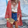 Blusas de mujer Cárdigan de playa bohemio para mujer Blusa con estampado floral de verano Kimono Vintage Frente abierto Túnica de manga larga Tops Camisa de vacaciones