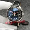 Multi-color Men Watch 44MM Quartz Chronograph Date Mens Watches Red Hands Black Leather Strap Fixed Bezel With Top Ring Showing Tachymeter Markings