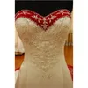 Rouge et Blanc Broderie Une Ligne Robes De Mariée Chérie À Lacets Corset Retour Dentelle Perlée Robes De Mariée Balayage Train Tache Plus La Taille Robes De Novia Maternité AL4067