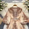 Women Dresses Spring 2023 Runway Fashion Paisley Print Vintage V Neck Long Lantern Sleeve Belted Mini Dress