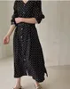 Casual Dresses Korean Chic Autumn Elegant V-hals Front and Back Two-Piece Single-Breasted Tie Midjan Långärmad polka Dot Dress