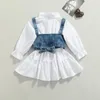 Abiti da ragazza 2 pezzi per bambina carino vestito tinta unita lanterna maniche camicia abito denim perline gilet per 1-6 anni moda bambini vestiti