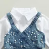 Abiti da ragazza 2 pezzi per bambina carino vestito tinta unita lanterna maniche camicia abito denim perline gilet per 1-6 anni moda bambini vestiti