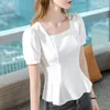 Dames t shirts dames kleding lente zomerstijl basic t-shirts tops lady slanke korte puff mouw square kraag blouse ss070