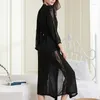 Women's Sleepwear Robe Women Black Lace Edge Nightgown V Neck Sexy Sleep Dress Ice Silk Nightdress Home Clothing Long Sleeves Kimono